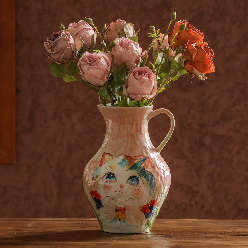 Handmade Ceramic Vase with Painted Cat