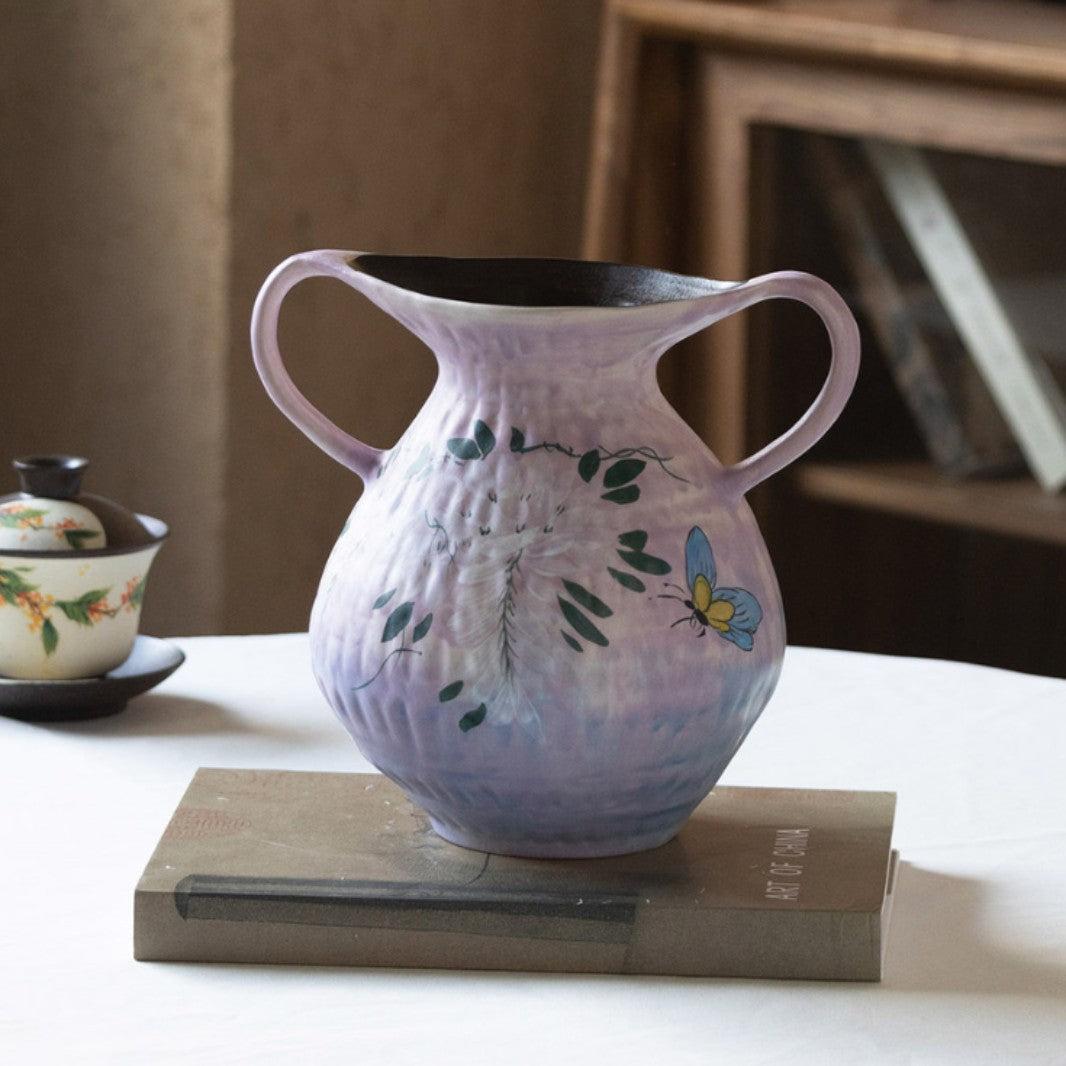 Handmade Ceramic Vase with Hand-Painted Wisteria