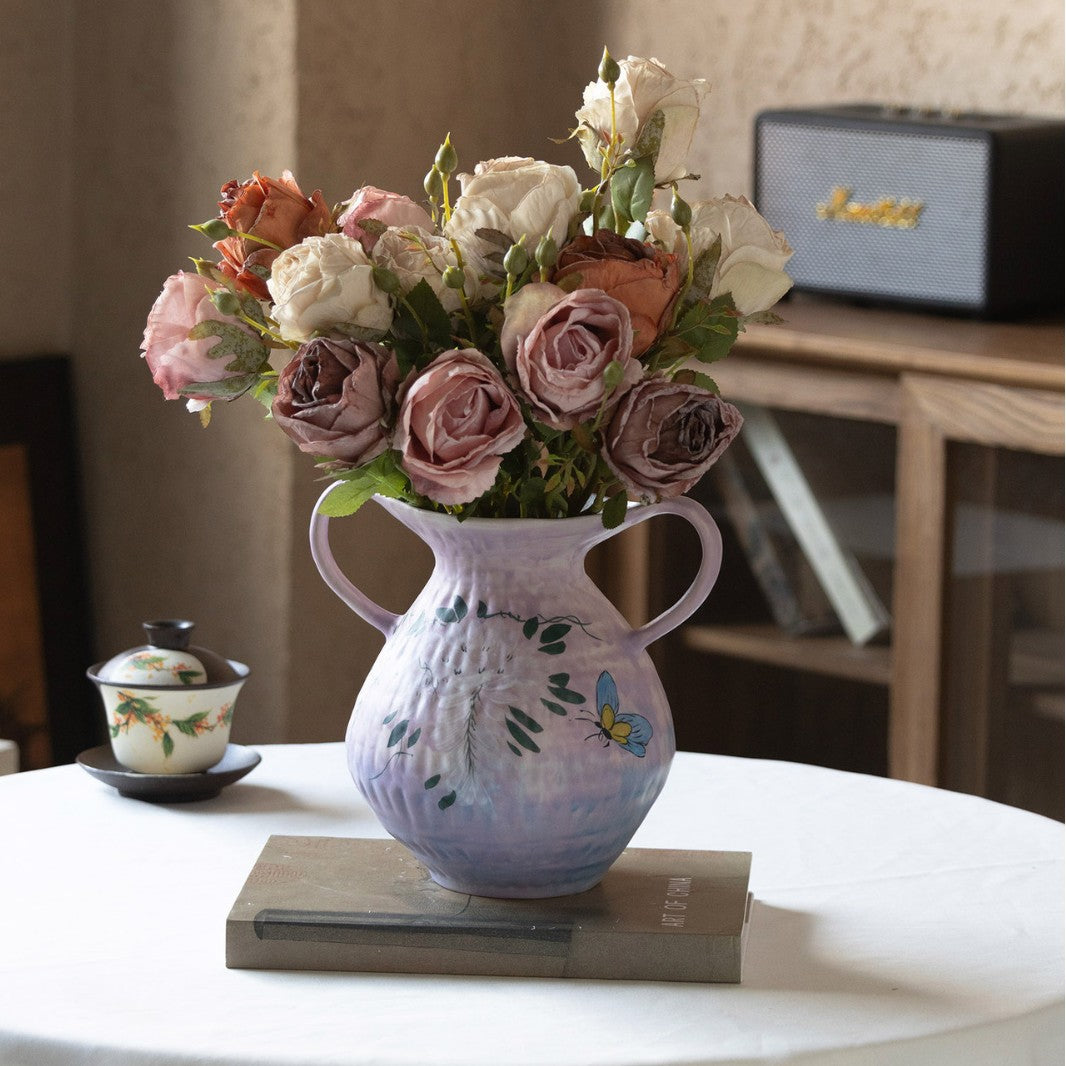 Handmade Ceramic Vase with Hand-Painted Wisteria