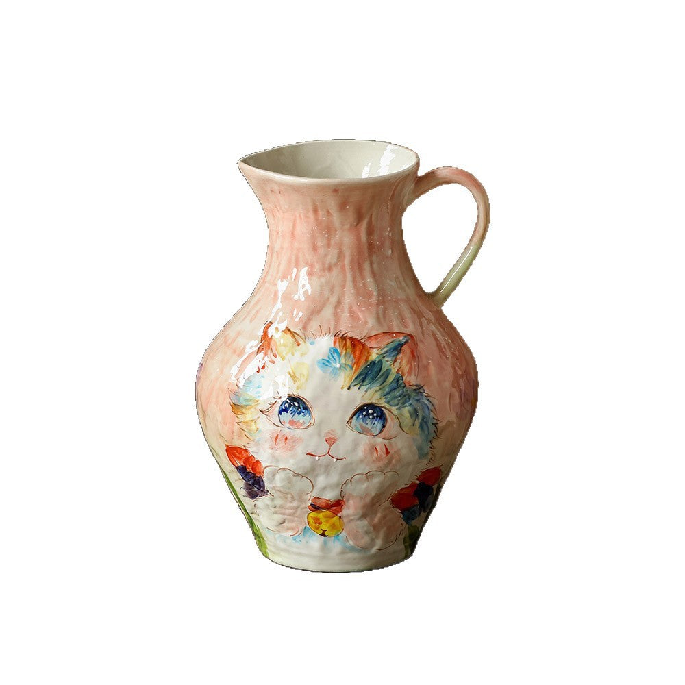 Handmade Ceramic Vase with Painted Cat