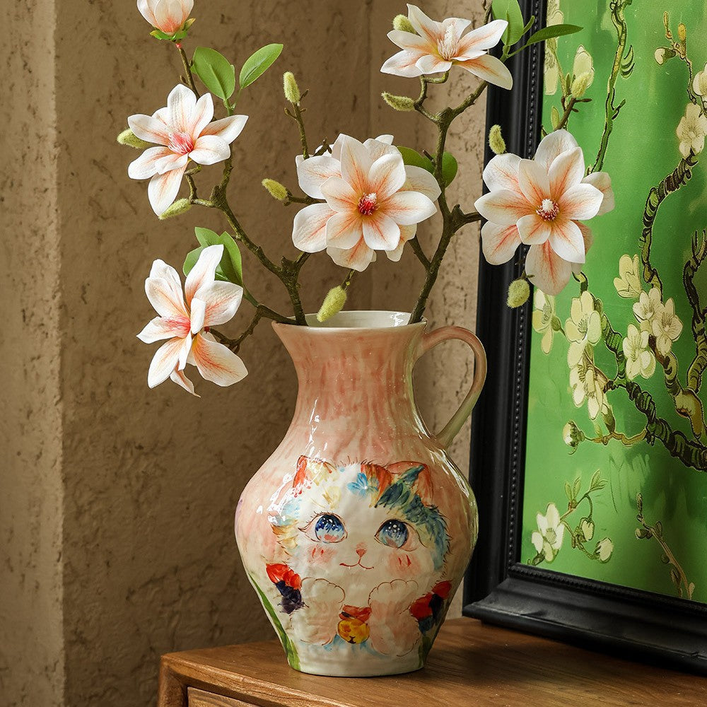 Handmade Ceramic Vase with Painted Cat